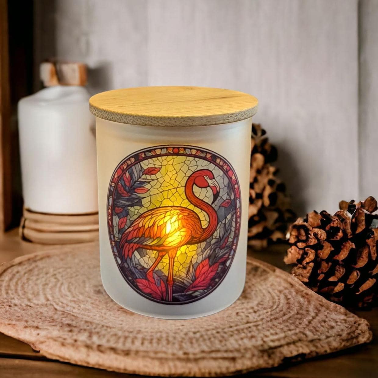 Pink Flamingo Candle Holder With A Stained Glass Design, Includes A Battery Operated Flickering Tea Light
