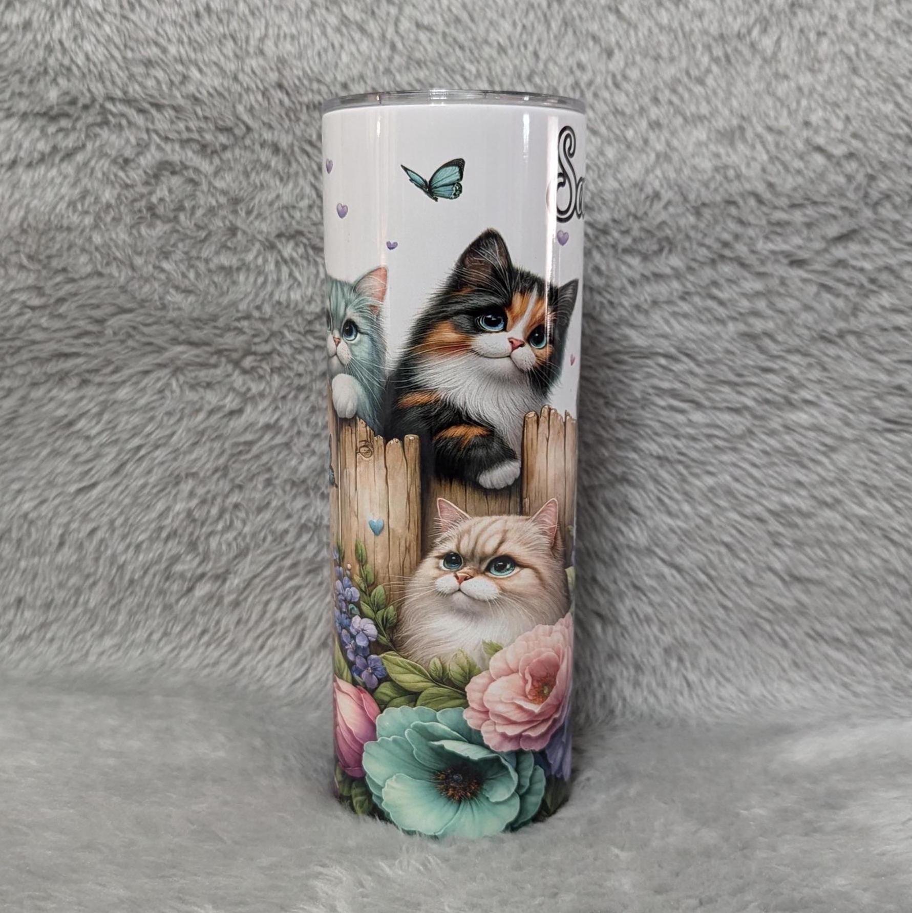 Kitten Tumbler With Cute Kittens Playing by a Fence 20oz With Reusable Straw, Can Be Personalized