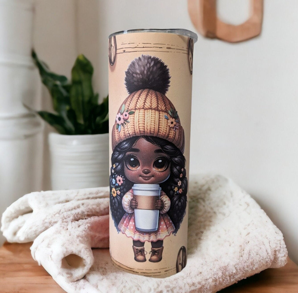 Coffee Girl Tumbler With A Cute Girl Holding Her Coffee 20oz With Reusable Straw, Can Be Personalized