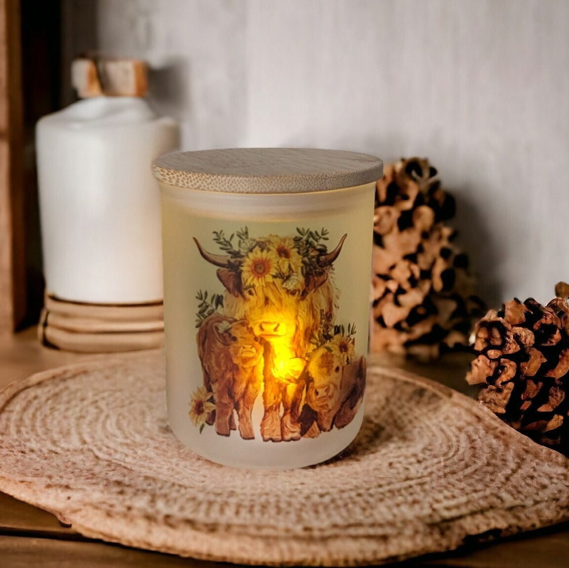 Glass Highland Cow Candle Holder With A Battery Operated Flickering Tea Light