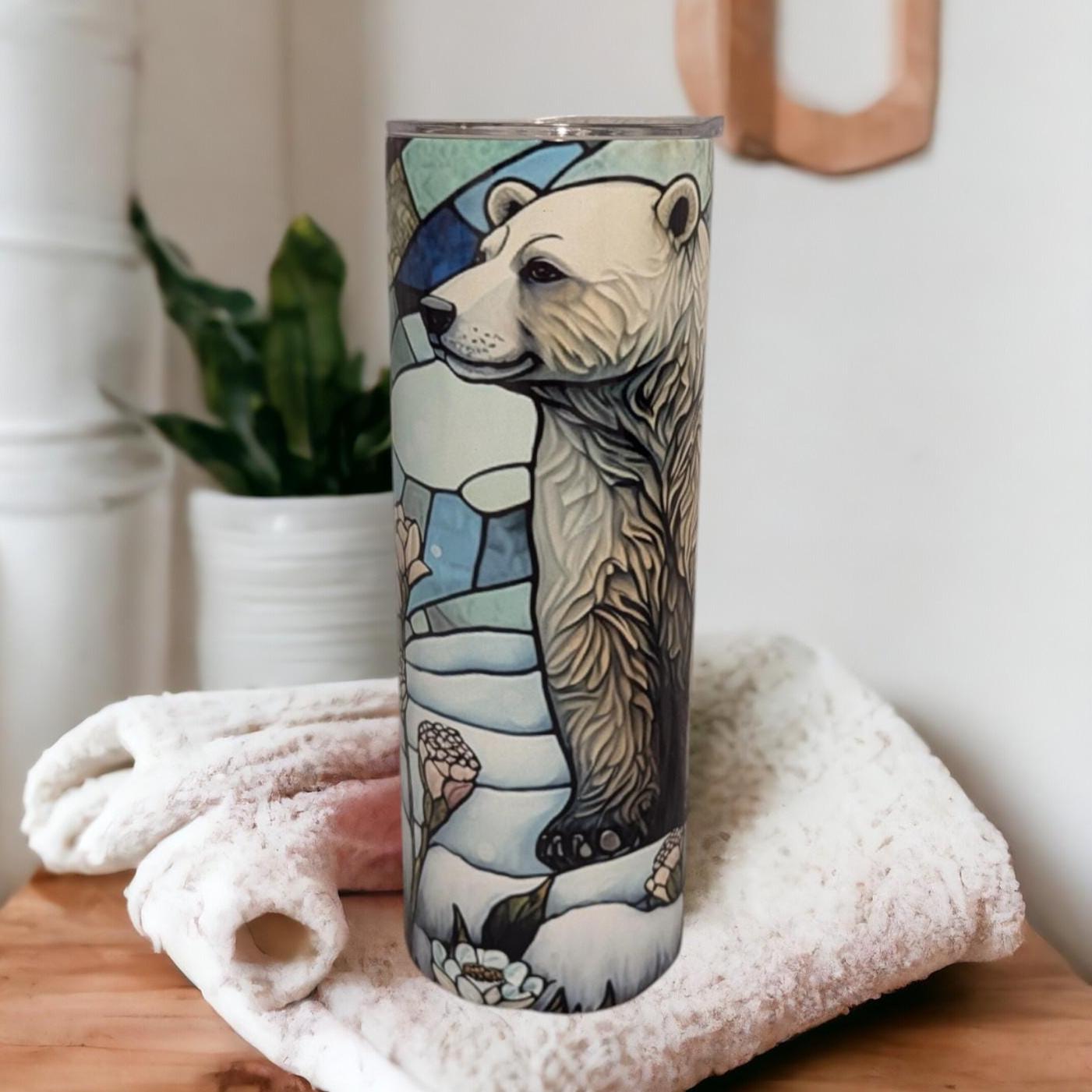 Polar Bear Tumbler with Stained Glass Design 20oz With Reusable Straw, Can Be Personalized