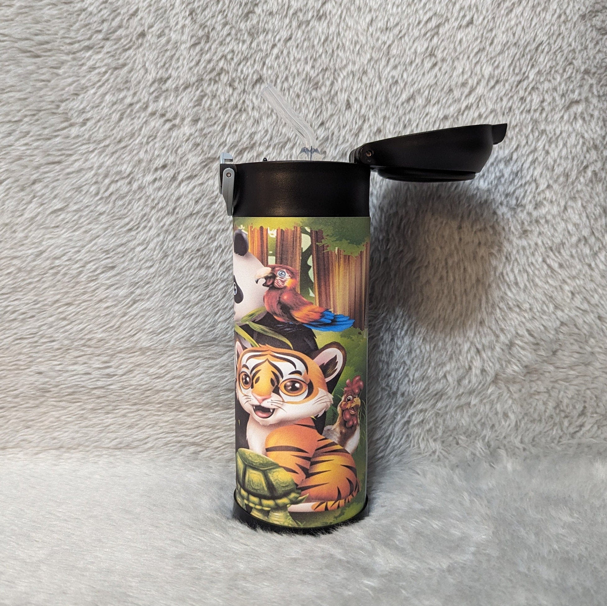 Jungle Animals Water Bottle For Kids 12oz With Reusable Straw, Can Be Personalized