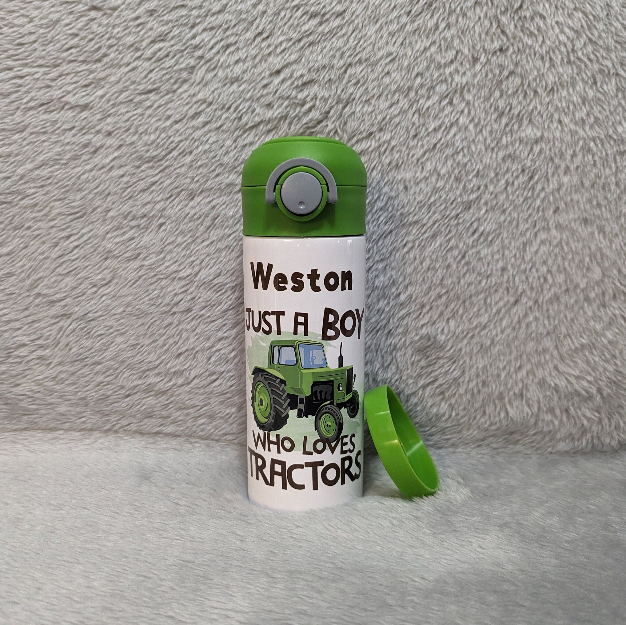 Kids Tractor Water Bottle  - Just A Boy Who Loves Tractors 12oz With Reusable Straw, Can Be Personalized