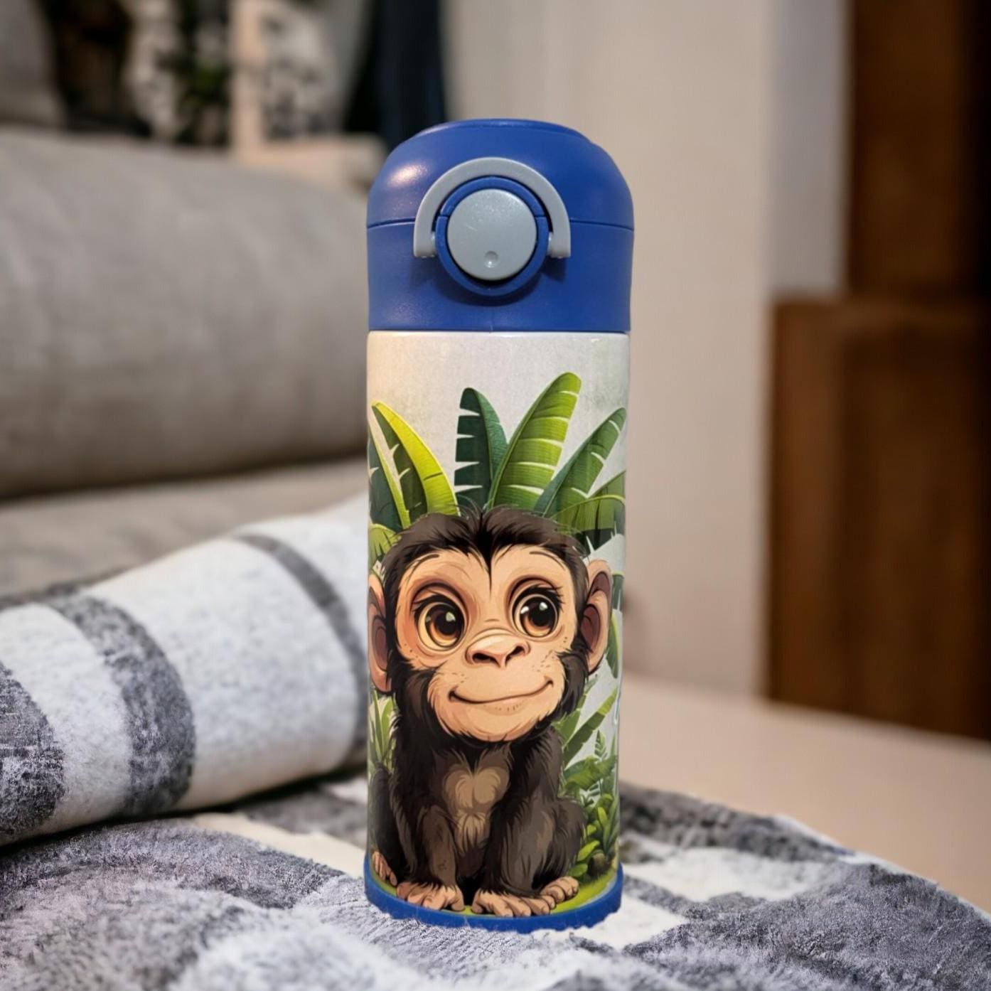 Kids Monkey Water Bottle 12oz With Reusable Straw Can Be Personalized