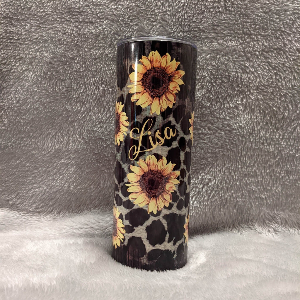 Sunflower Tumbler With A Leopard Print 20oz With Reusable Straw, Can Be Personalized