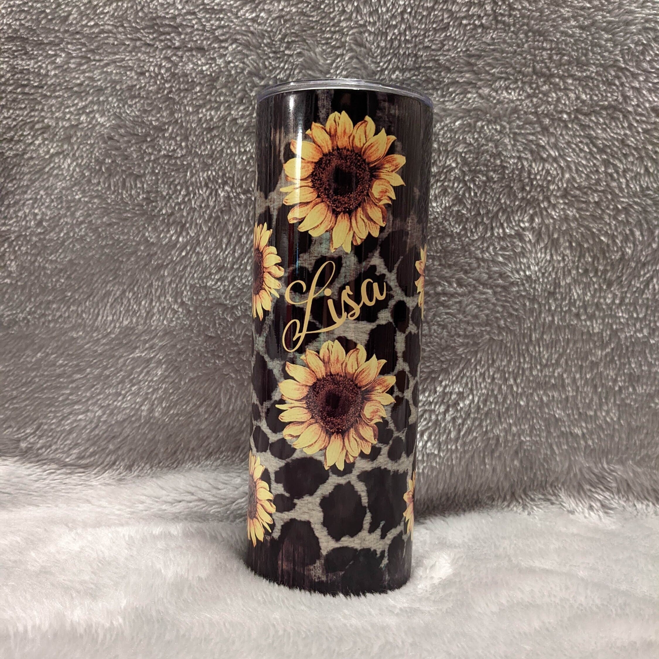 Sunflower Tumbler With A Leopard Print 20oz With Reusable Straw, Can Be Personalized