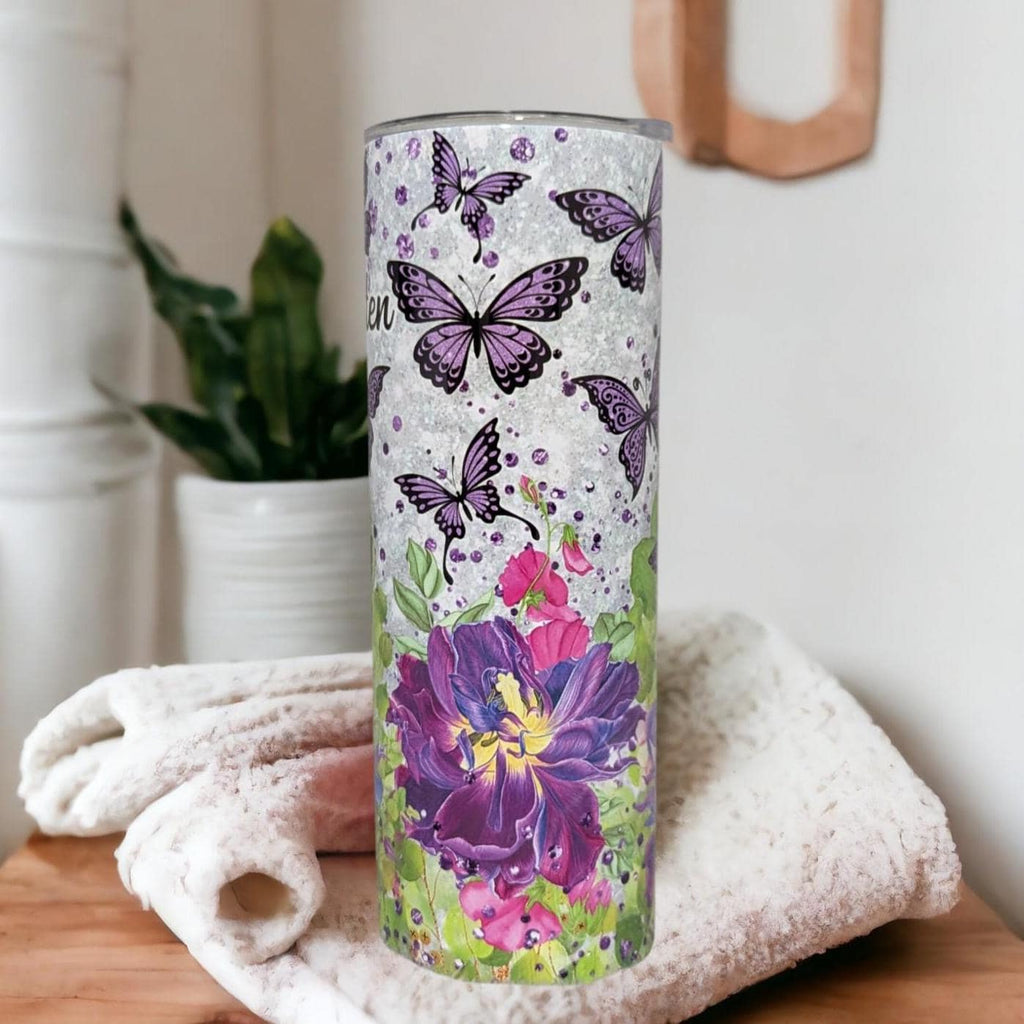 Butterfly Tumbler With Purple Butterflies and Flowers 20oz With Reusable Straw, Can Be Personalized
