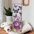 Butterfly Tumbler With Purple Butterflies and Flowers 20oz With Reusable Straw, Can Be Personalized