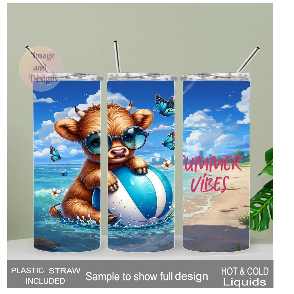 Summer Beach Highland Cow Tumbler 20oz With Reusable Straw, Can Be Personalized