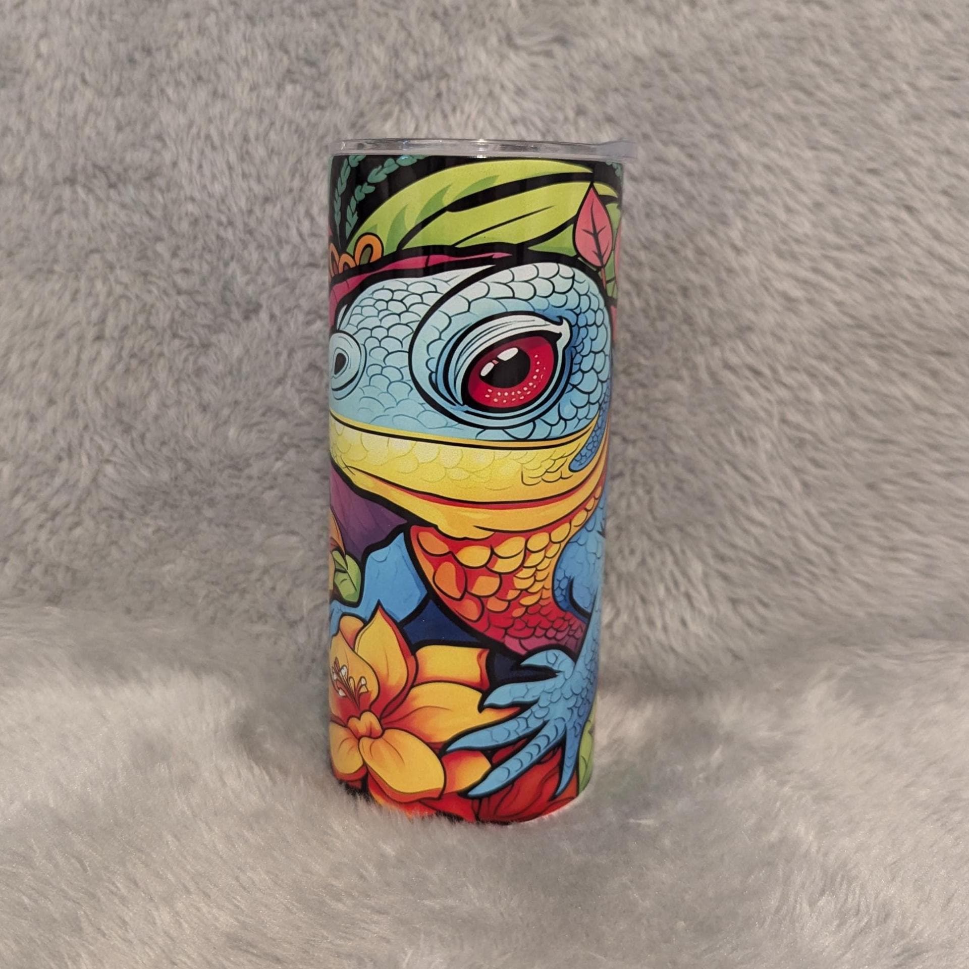 Neon Iguana Lizard Kids Tumbler 15oz With Reusable Straw, Can Be Personalized