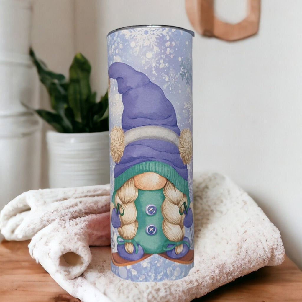 Girl Gnome Skiing Tumbler 20oz With Reusable Straw, Can Be Personalized