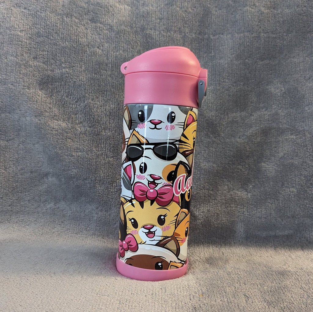 Kids Cat Water Bottle 12oz With Reusable Straw Can Be Personalized