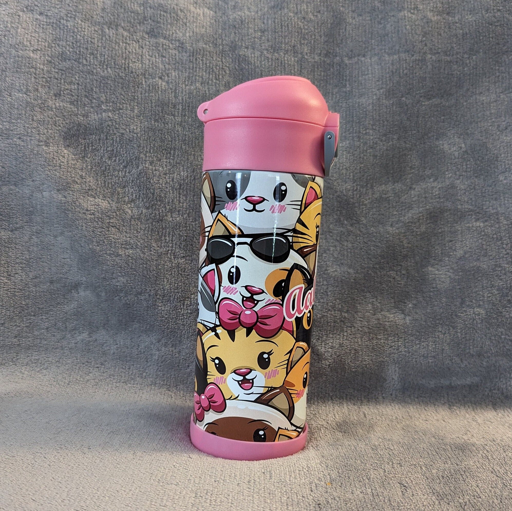 Kids Cat Water Bottle 12oz With Reusable Straw Can Be Personalized