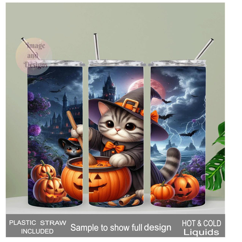 Cute Halloween Cat Tumbler 20oz With Reusable Straw, Can Be Personalized