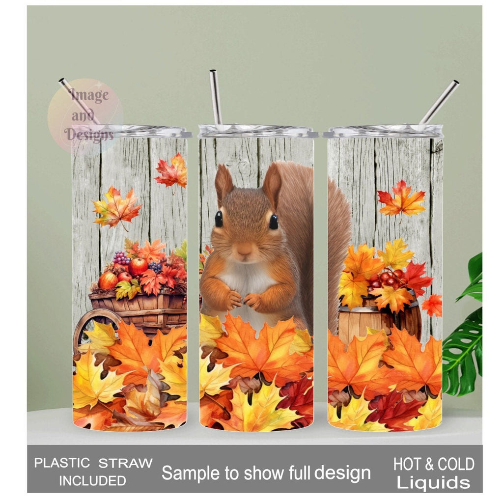 Squirrel Tumbler with Autumn Leaves 20oz With Reusable Straw, Can Be Personalized