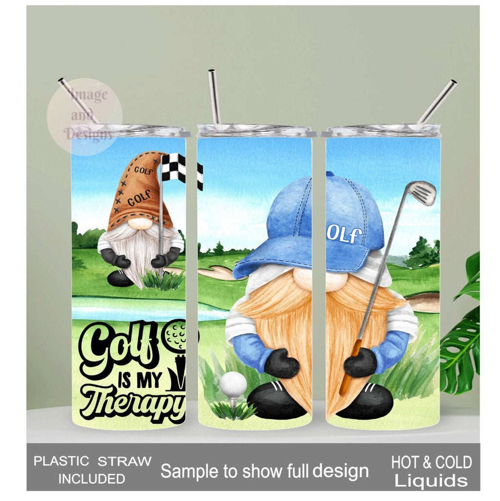 Golf Is My Therapy Gnome Tumbler 20oz With Reusable Straw