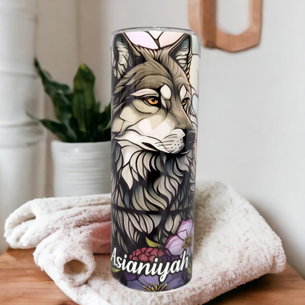 Wolf Tumbler With Flowers and A Stained Glass Design 20oz With Reusable Straw, Can Be Personalized