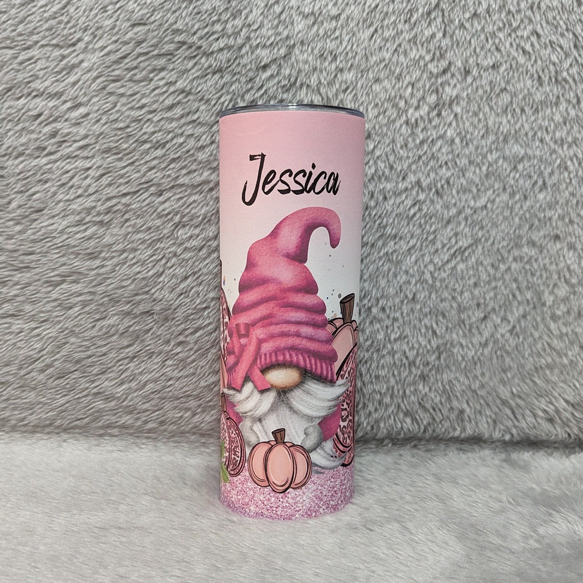Pink Ribbon Gnome Tumbler with A Glitter Design 20oz With Reusable Straw, Can Be Personalized