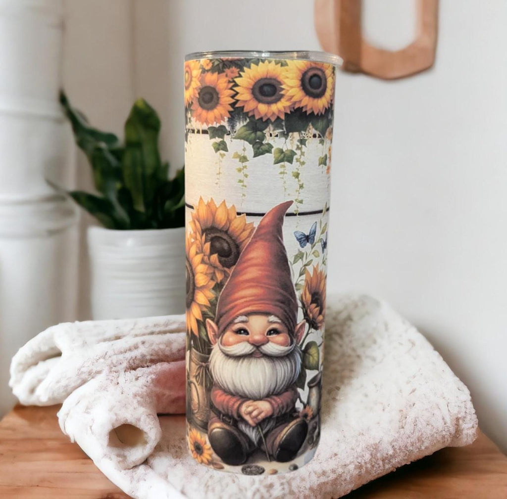 Sunflower Gnome Tumbler 20oz With Reusable Straw, Can Be Personalized