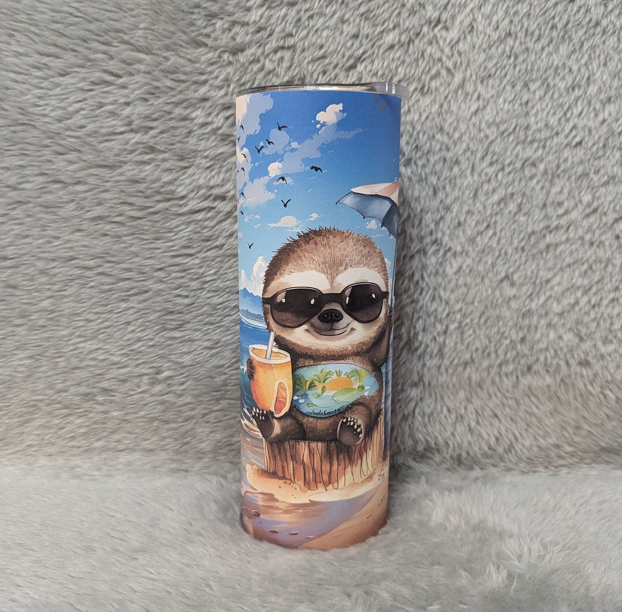 Colorful Beach Sloth Tumbler 20oz With Reusable Straw, Can Be Personalized