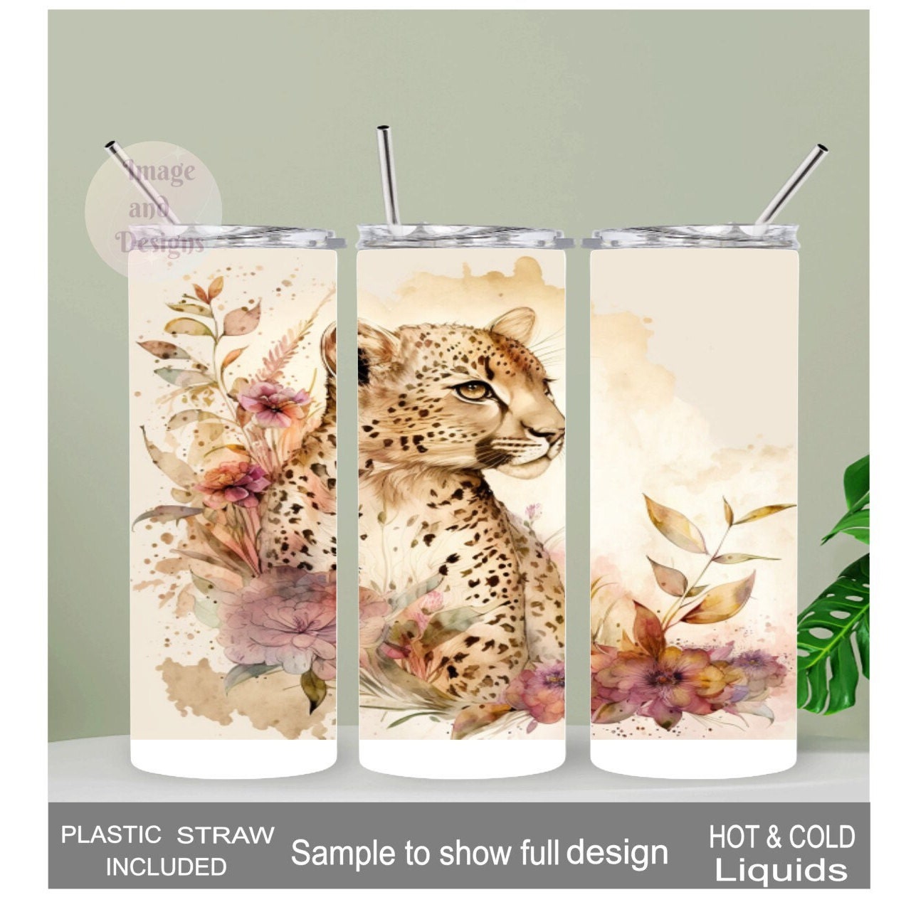 Leopard Tumbler with A Watercolor Design 20oz With Reusable Straw, Can Be Personalized