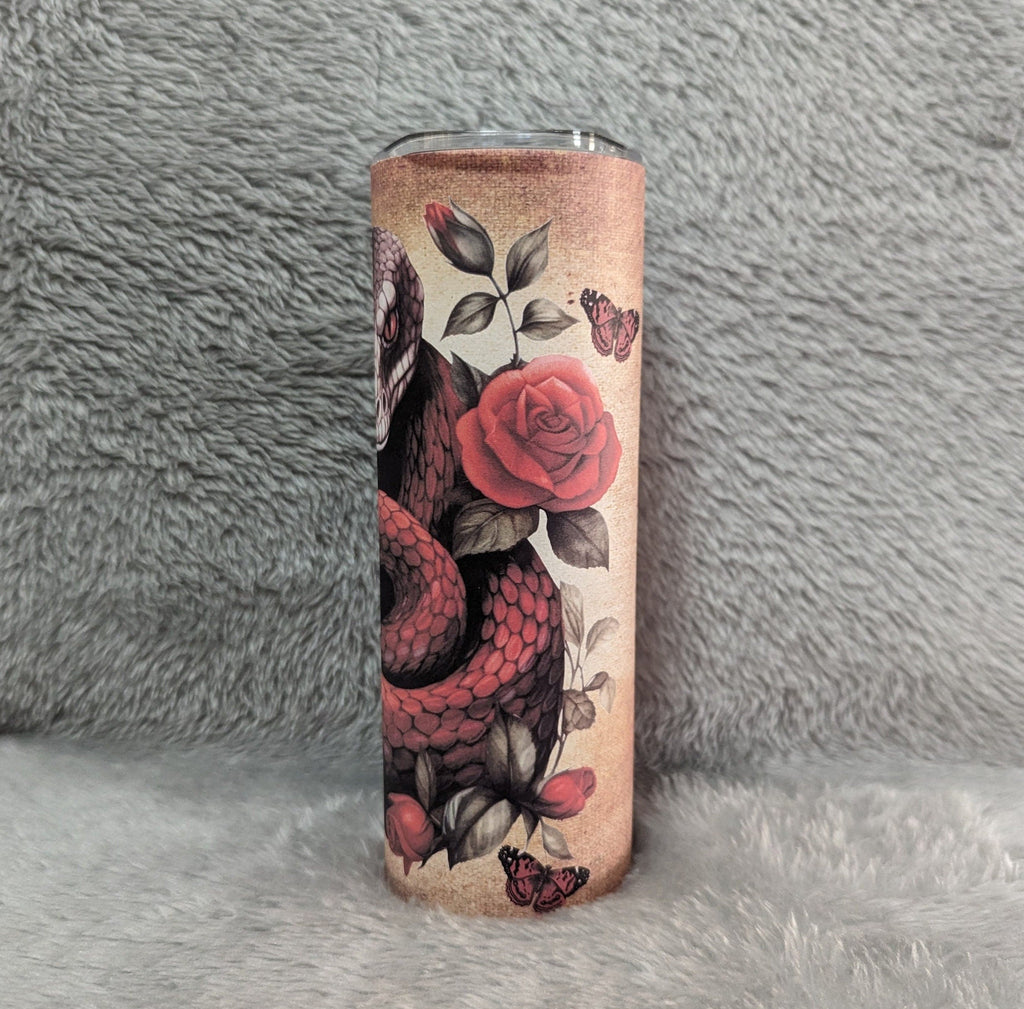 Snake Tumbler With Roses and Butterflies 20oz With Reusable Straw, Can Be Personalized
