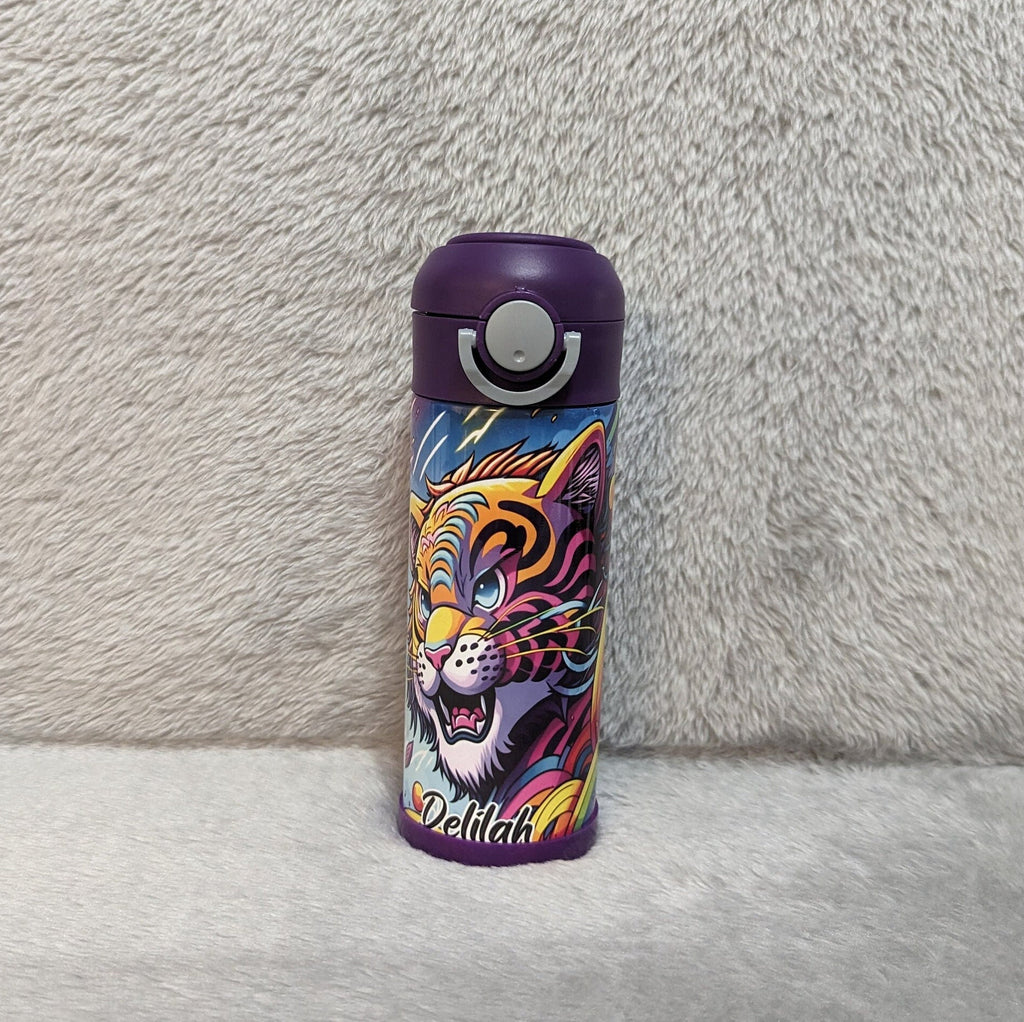 Kids Colorful Tiger Water Bottle 12oz With Reusable Straw Can Be Personalized