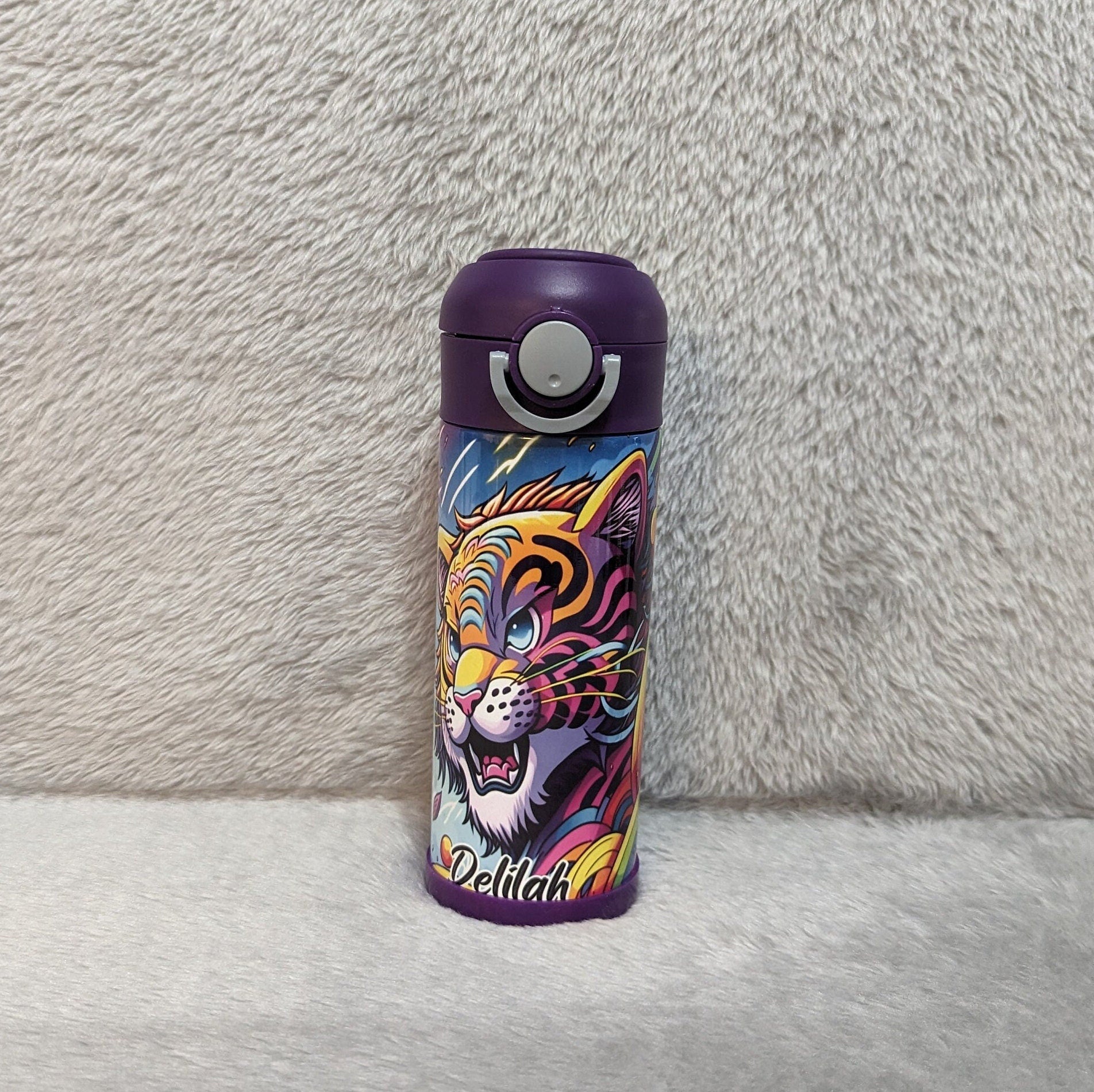 Kids Colorful Tiger Water Bottle 12oz With Reusable Straw Can Be Personalized