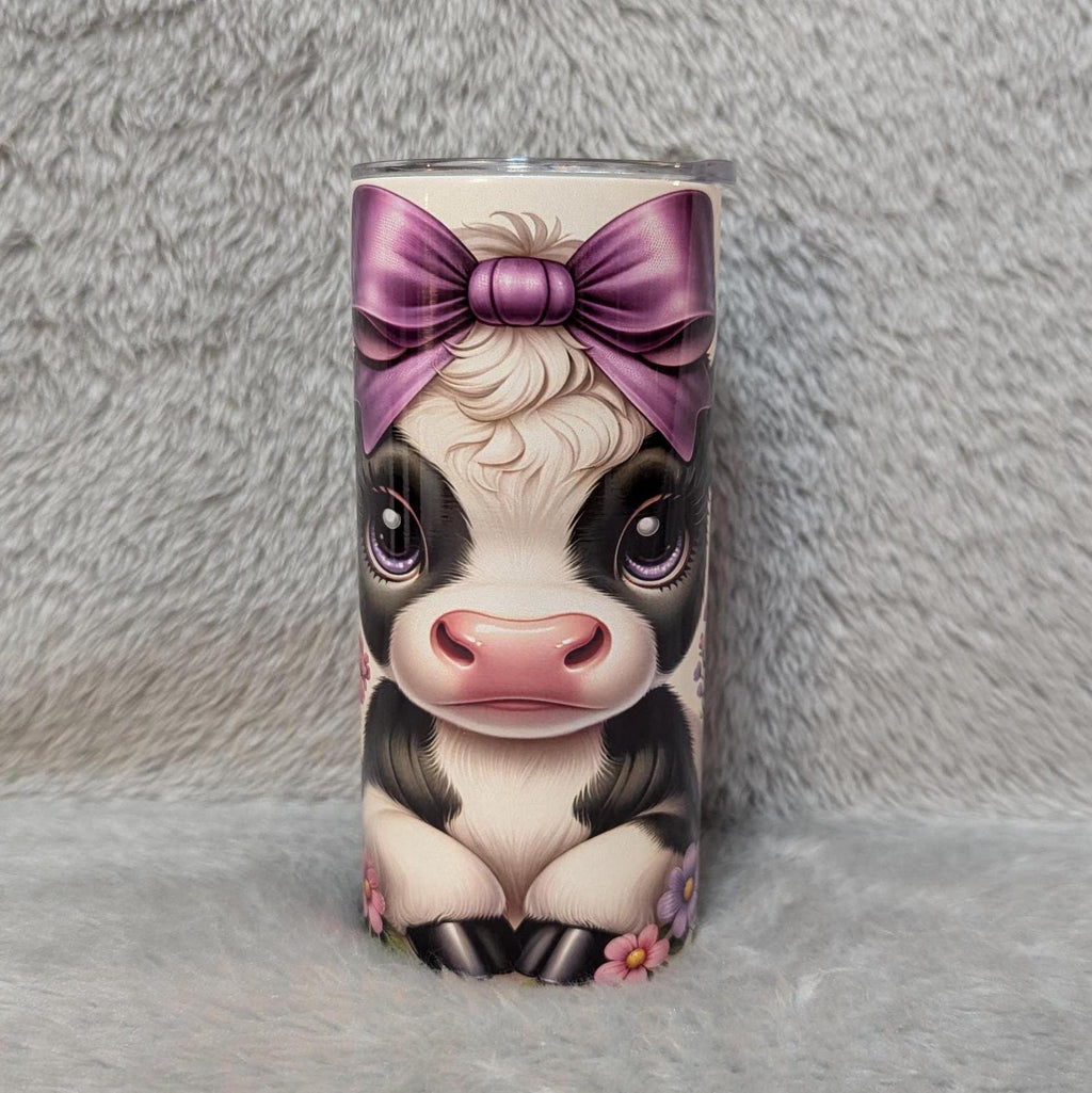 Kids Cow Tumbler with a Calf With Her Purple Bow and Flowers 15oz With Reusable Straw, Can Be Personalized