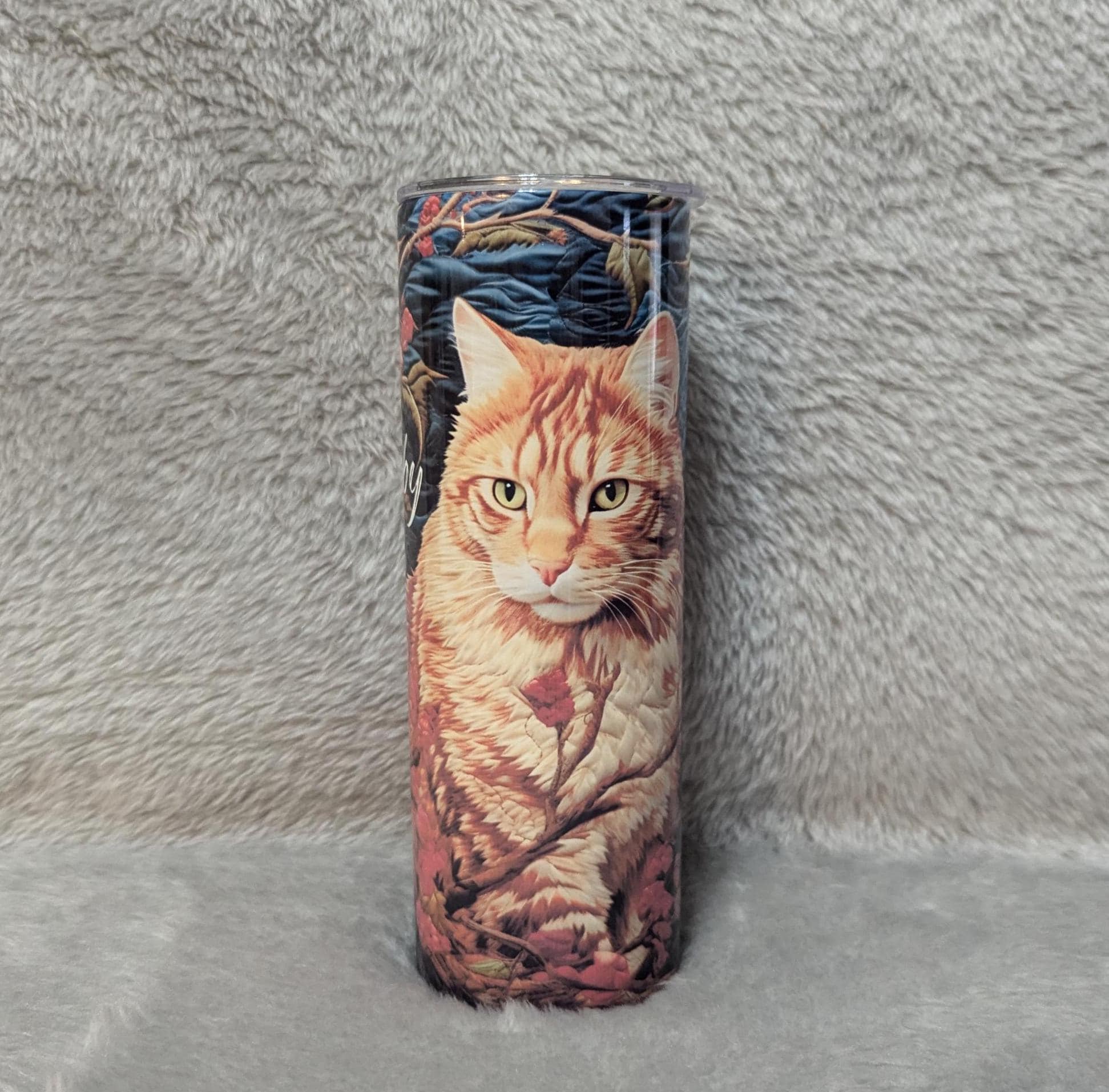 Cat Tumbler with Embroidered Orange Tabby Cat Design 20oz With Reusable Straw, Can Be Personalized