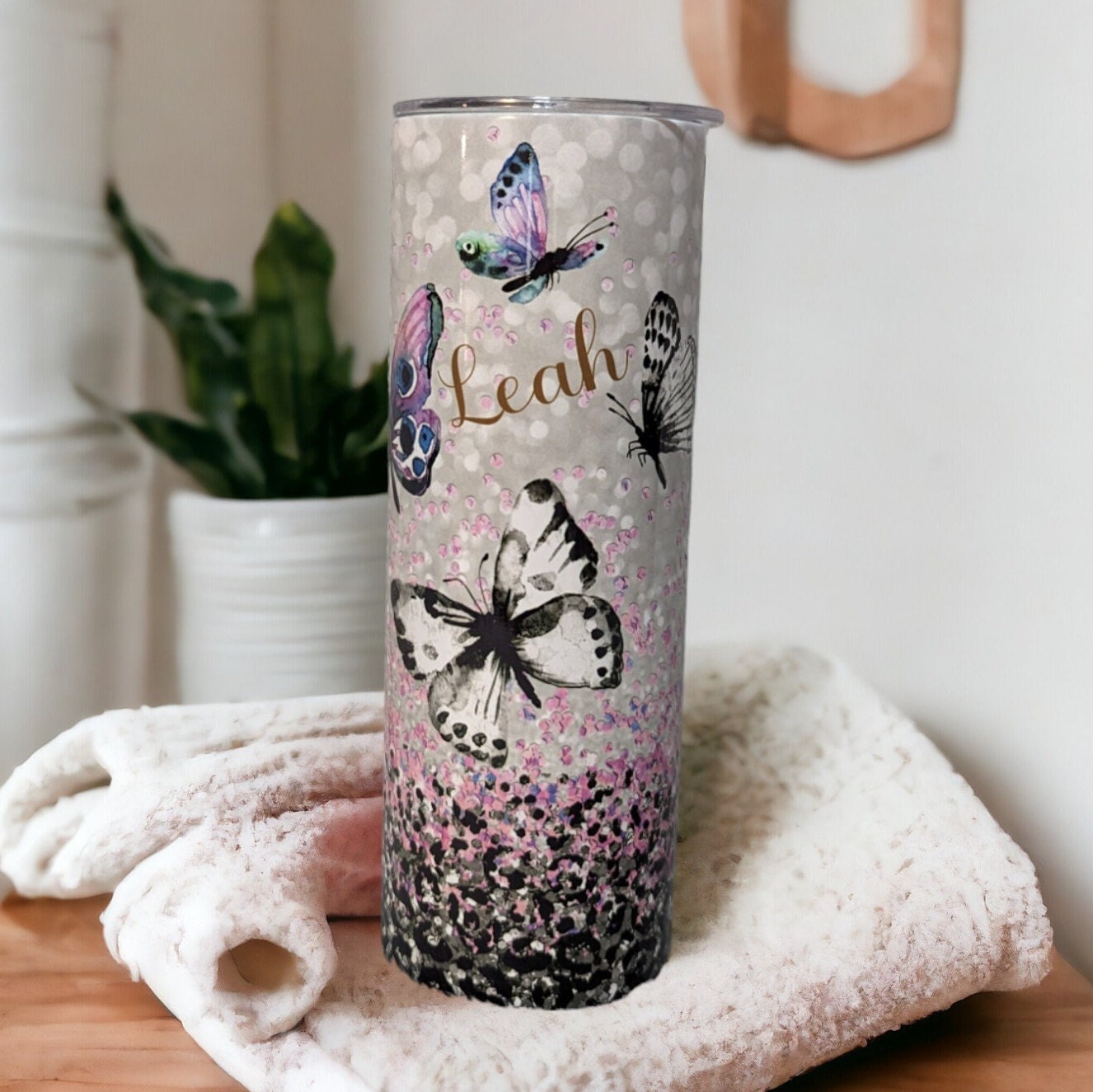 Pretty Butterfly Tumbler With A Glitter Design 20oz With Reusable Straw, Can Be Personalized
