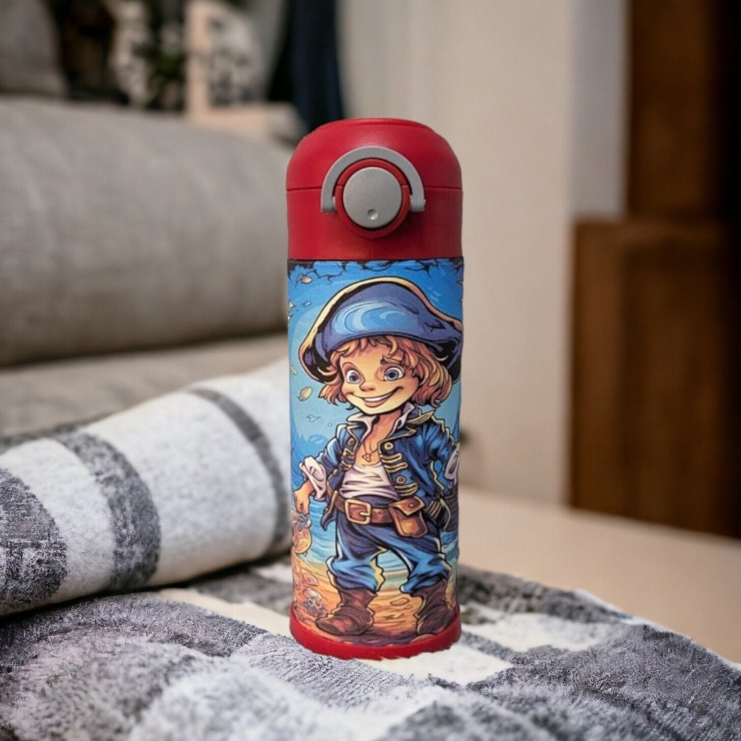 Kids Pirate Water Bottle 12oz With Reusable Straw Can Be Personalized