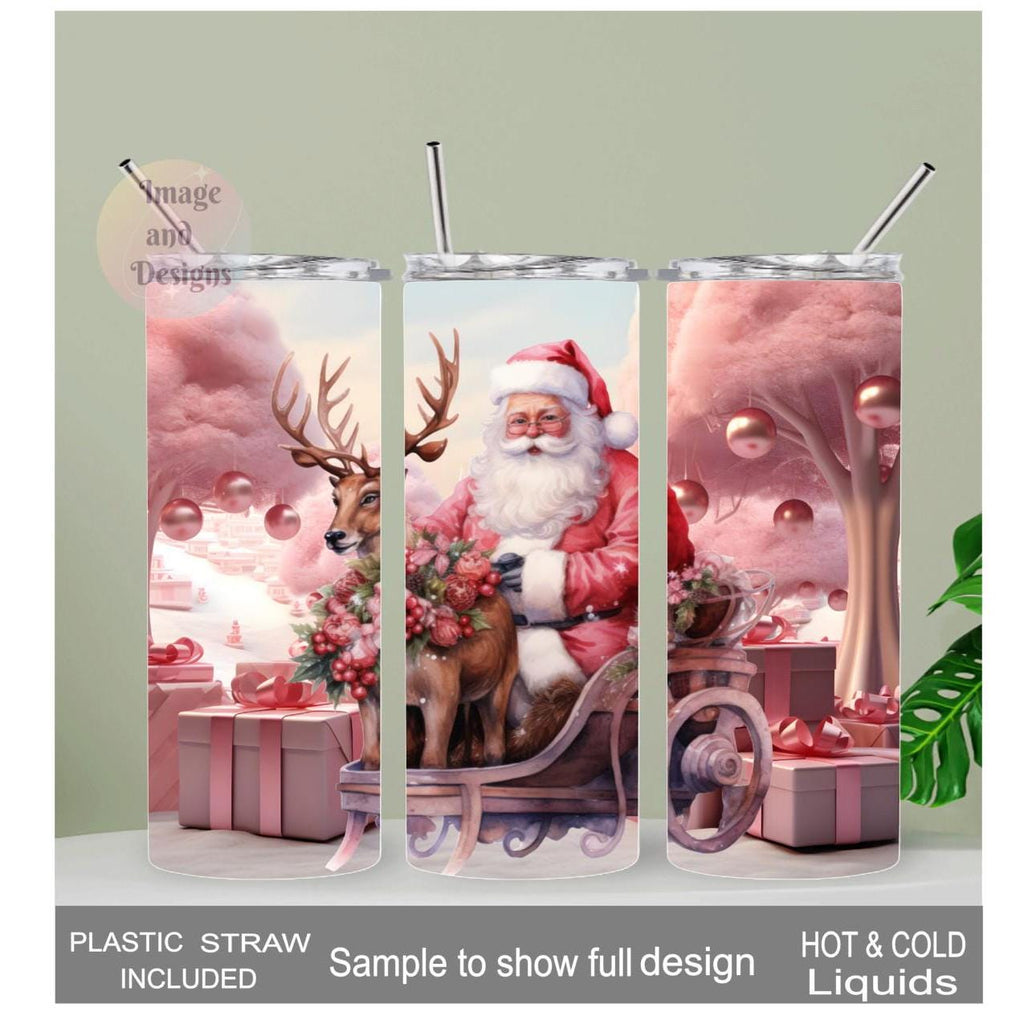 Pink Santa Christmas Tumbler 20oz With Reusable Straw, Can Be Personalized