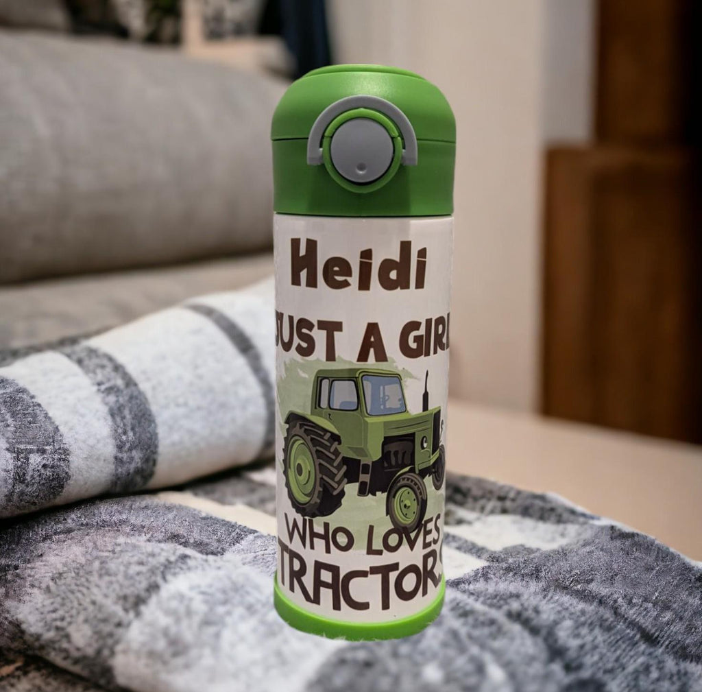 Kids Tractor Water Bottle Just A Girl Who Loves Tractors 12oz With Reusable Straw Can Be Personalized