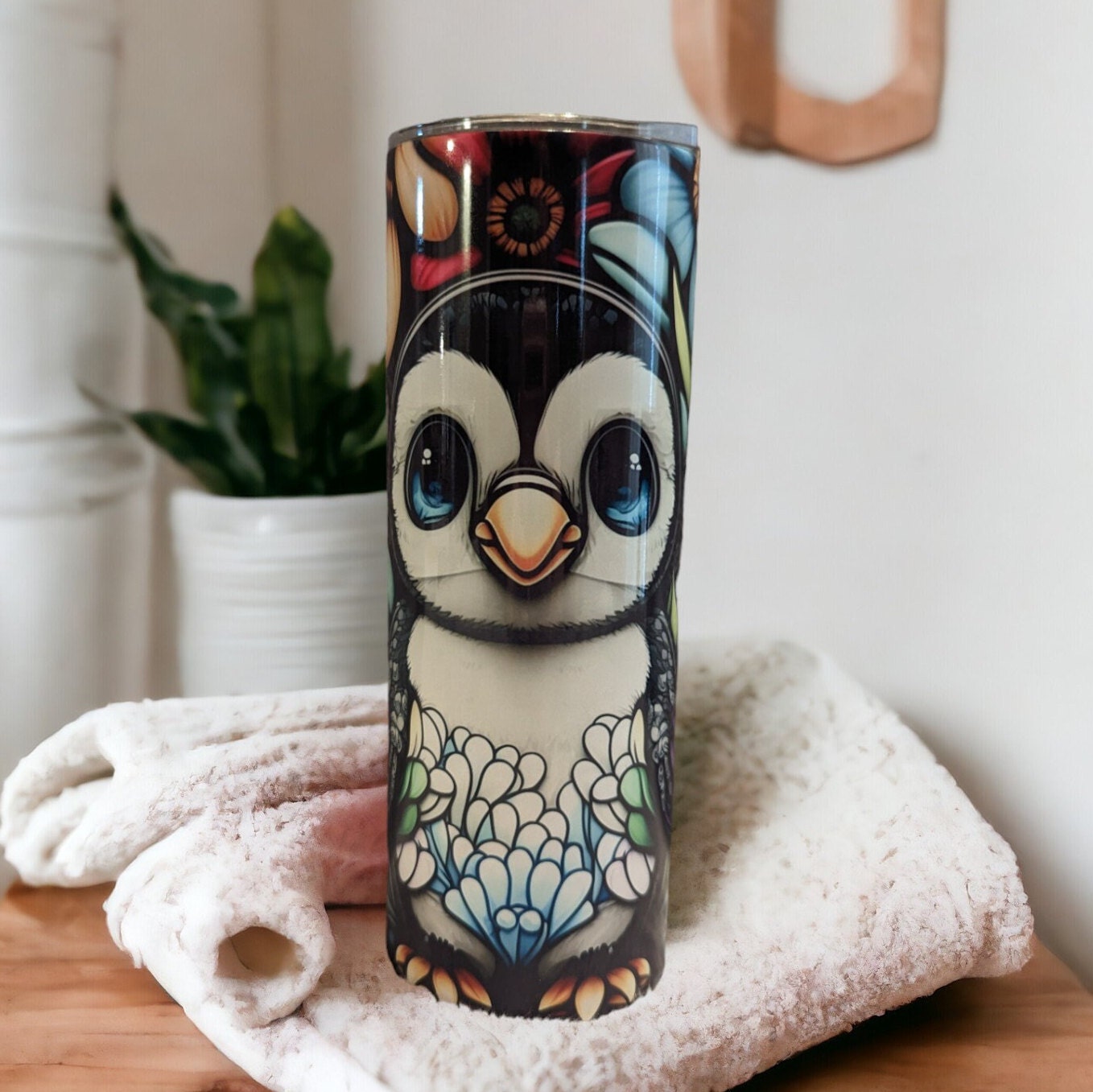 Penguin Tumbler With a Stained Glass Design 20oz With Reusable Straw, Can Be Personalized
