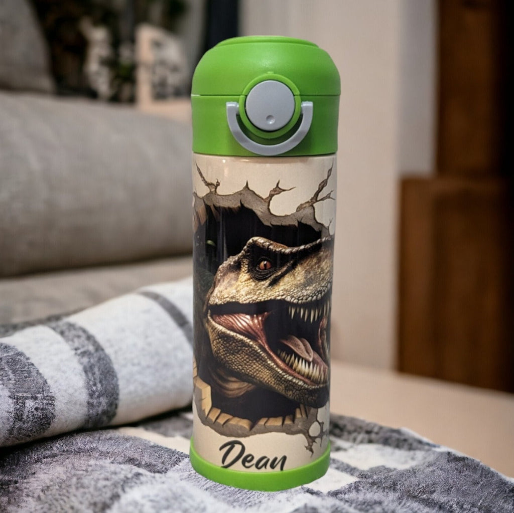 Kids Dinosaur Water Bottle 12oz With Reusable Straw Can Be Personalized