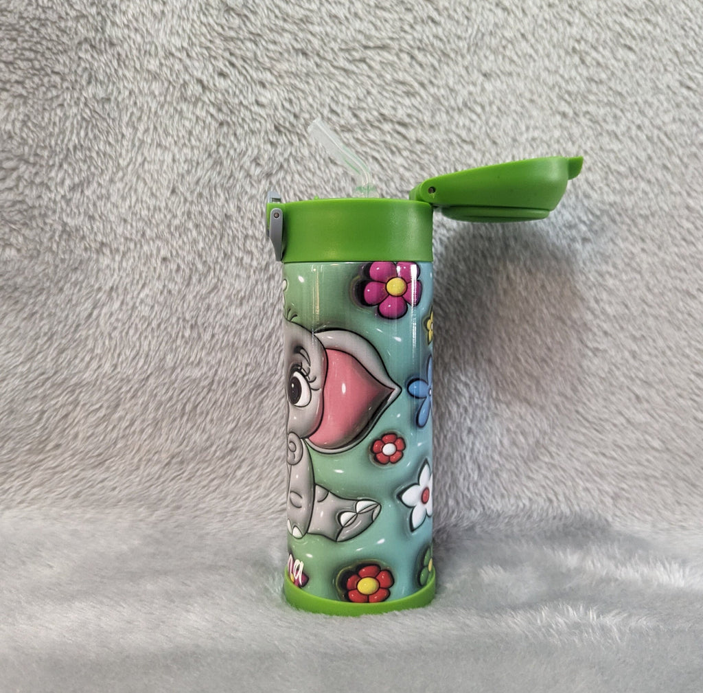 Adorable Kids Elephant Water Bottle 12oz With Reusable Straw Can Be Personalized