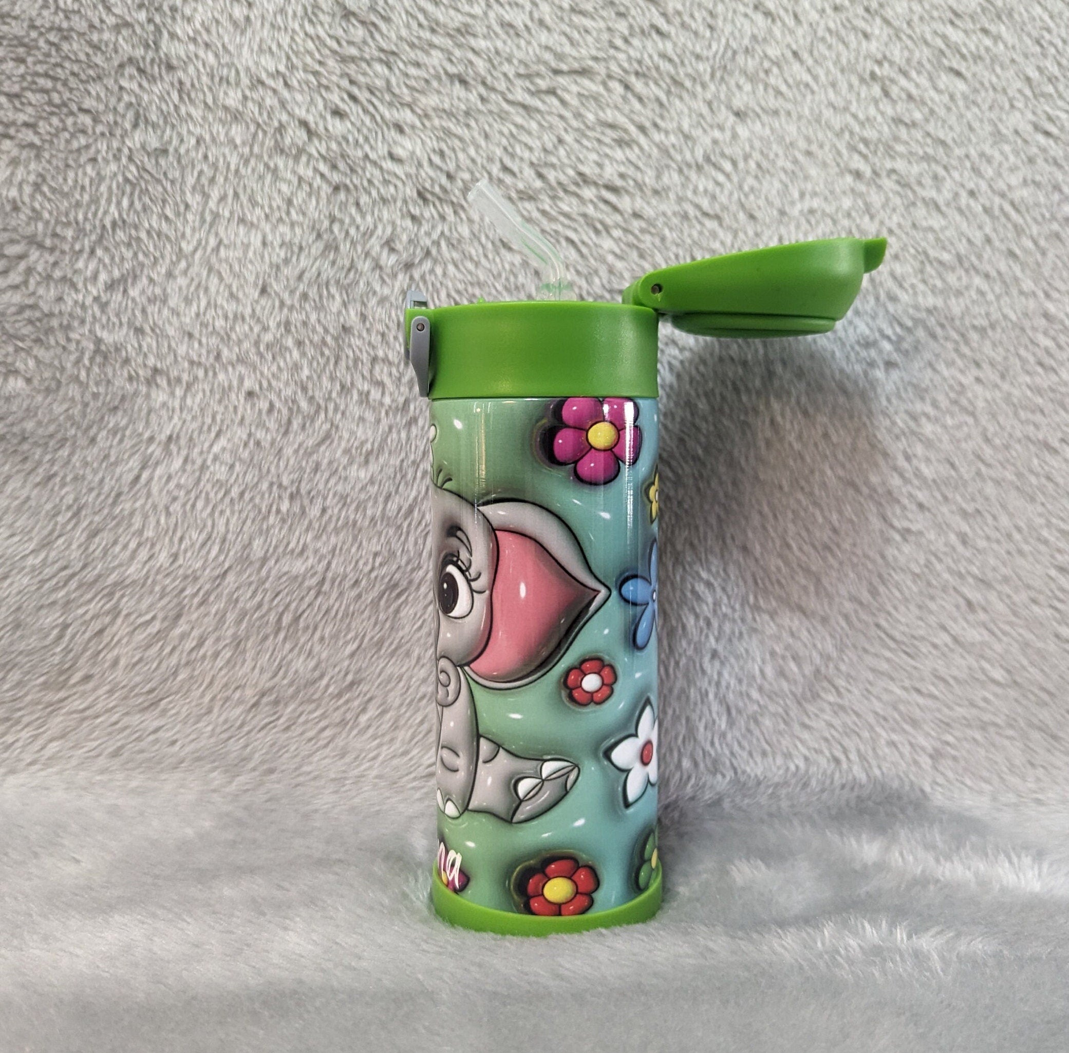 Adorable Kids Elephant Water Bottle 12oz With Reusable Straw Can Be Personalized