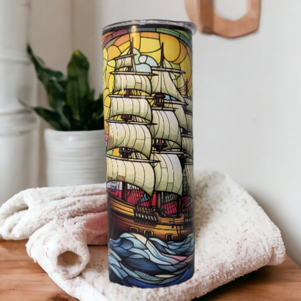 Sailboat Ship Tumbler with Stained Glass Design, 20oz With Reusable Straw