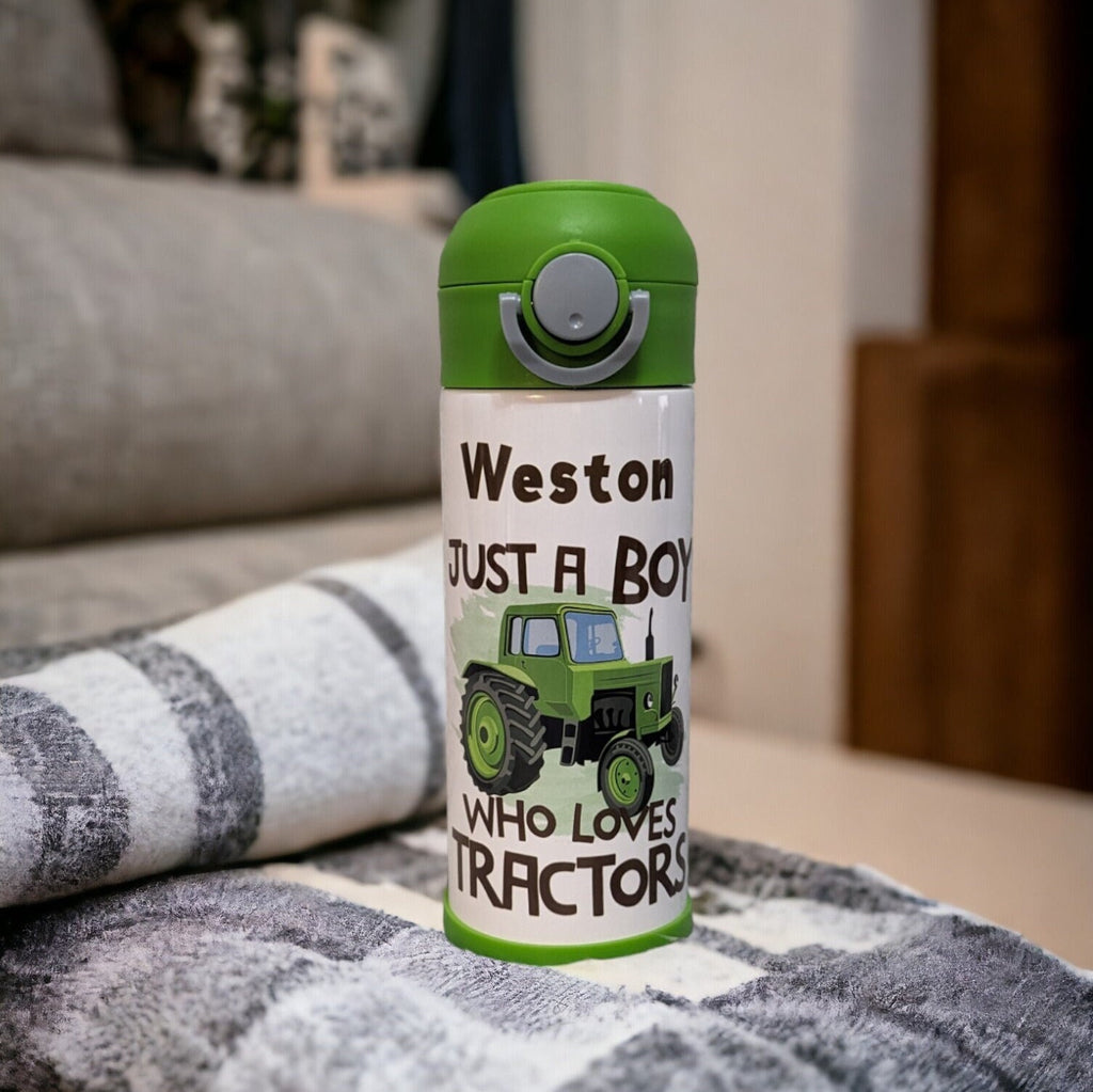 Kids Tractor Water Bottle  - Just A Boy Who Loves Tractors 12oz With Reusable Straw, Can Be Personalized