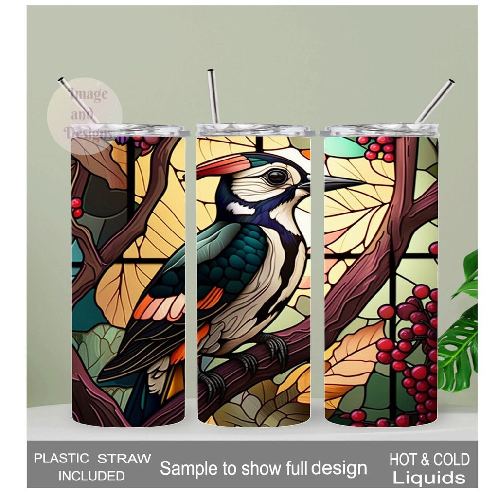 Woodpecker Stained Glass Design Tumbler 20oz With Reusable Straw, Can Be Personalized