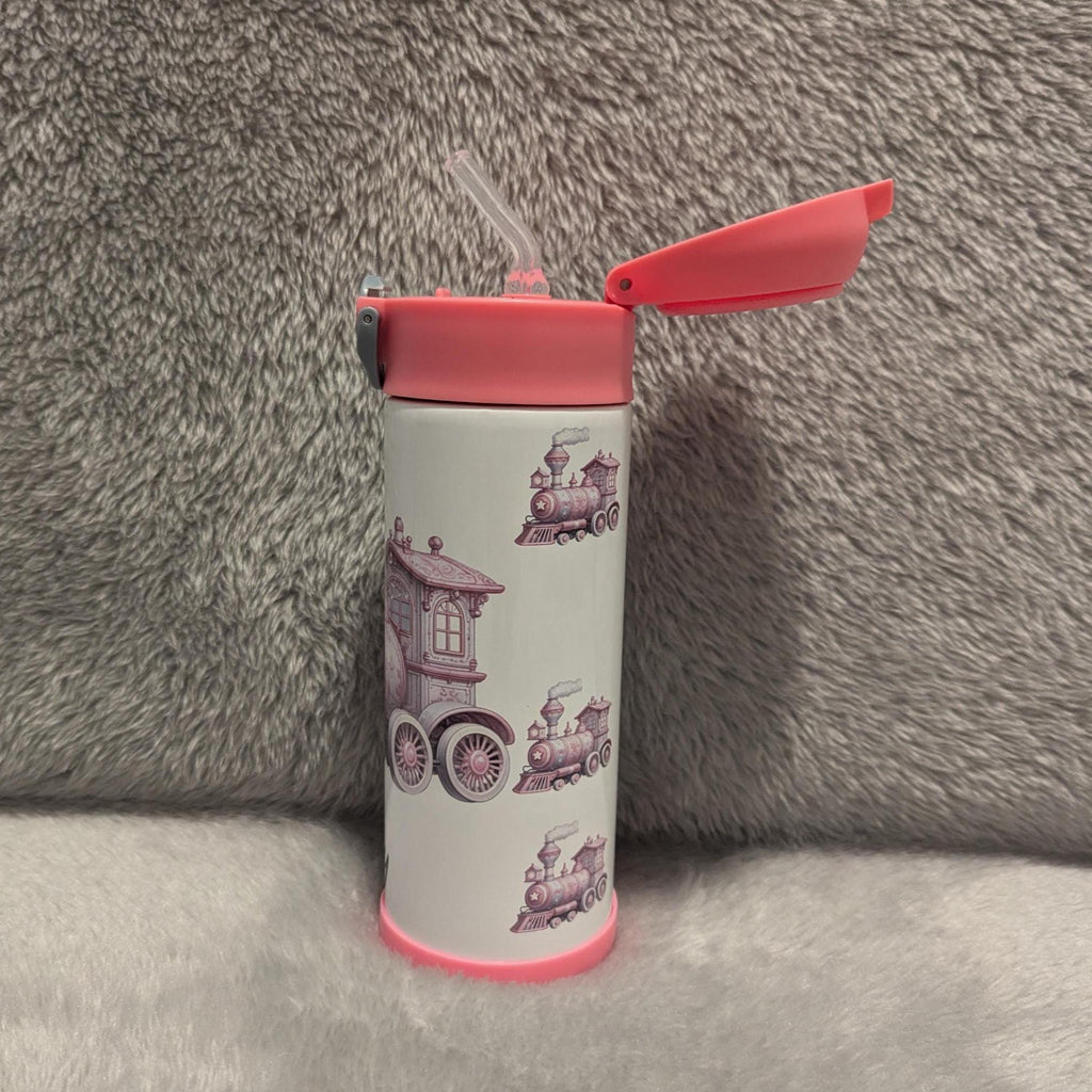 Kids Pink Train Water Bottle 12oz With Reusable Straw Can Be Personalized
