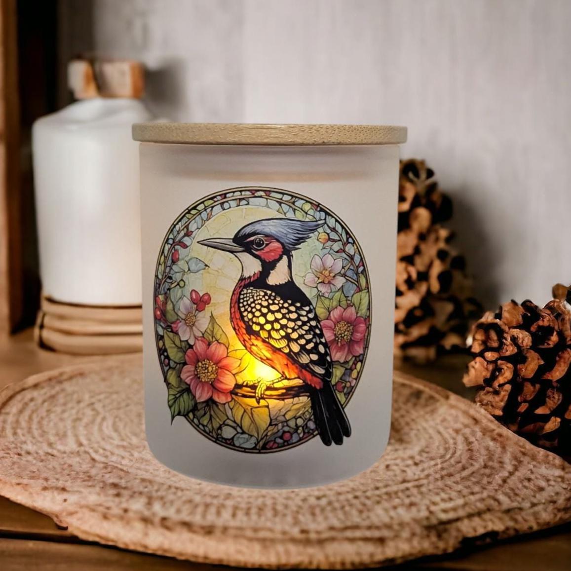 Pretty Woodpecker Candle Holder With A Battery Operated Flickering Tea Light