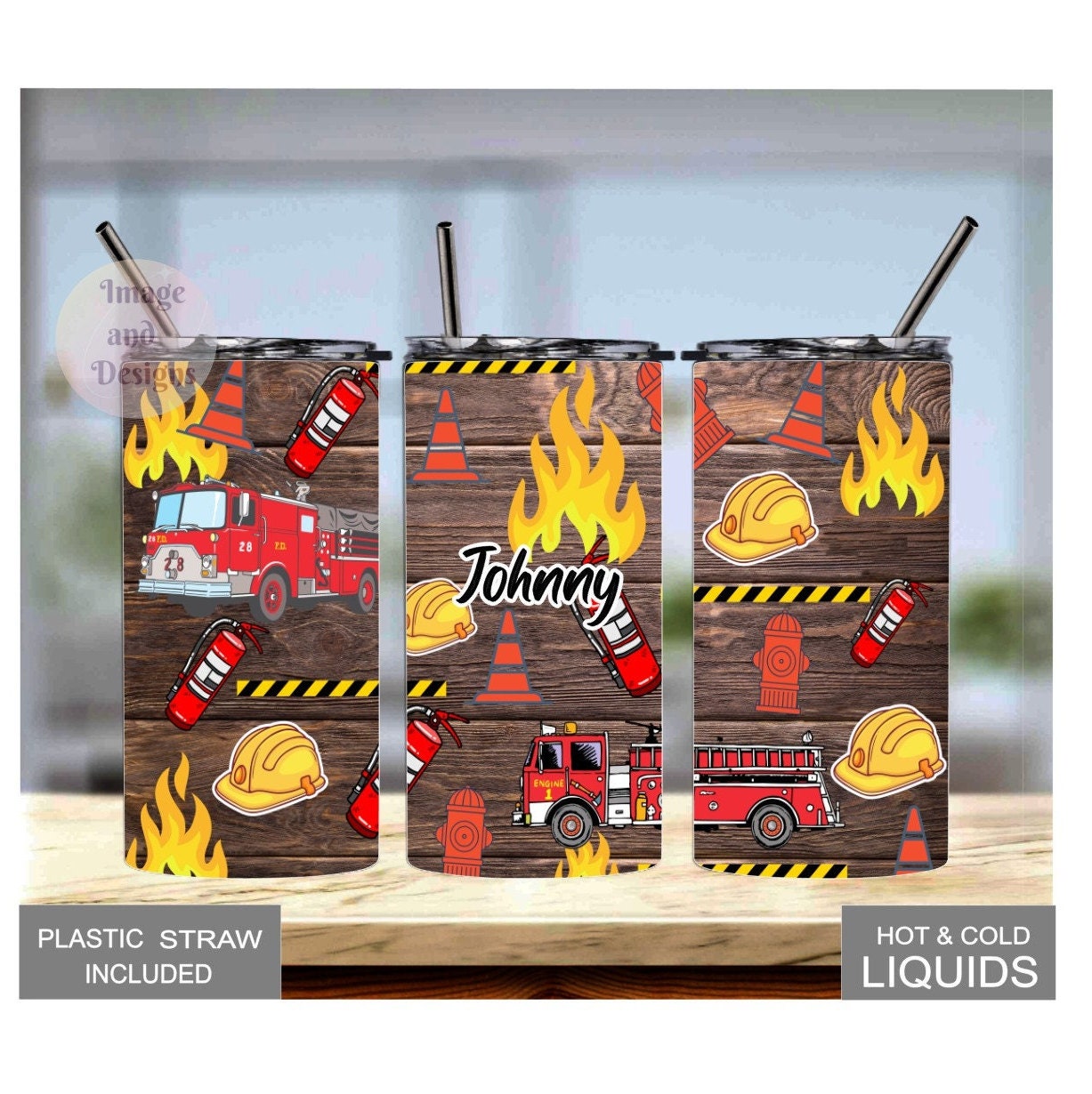Kids Firetruck Tumbler 15oz With Reusable Straw, Can Be Personalized
