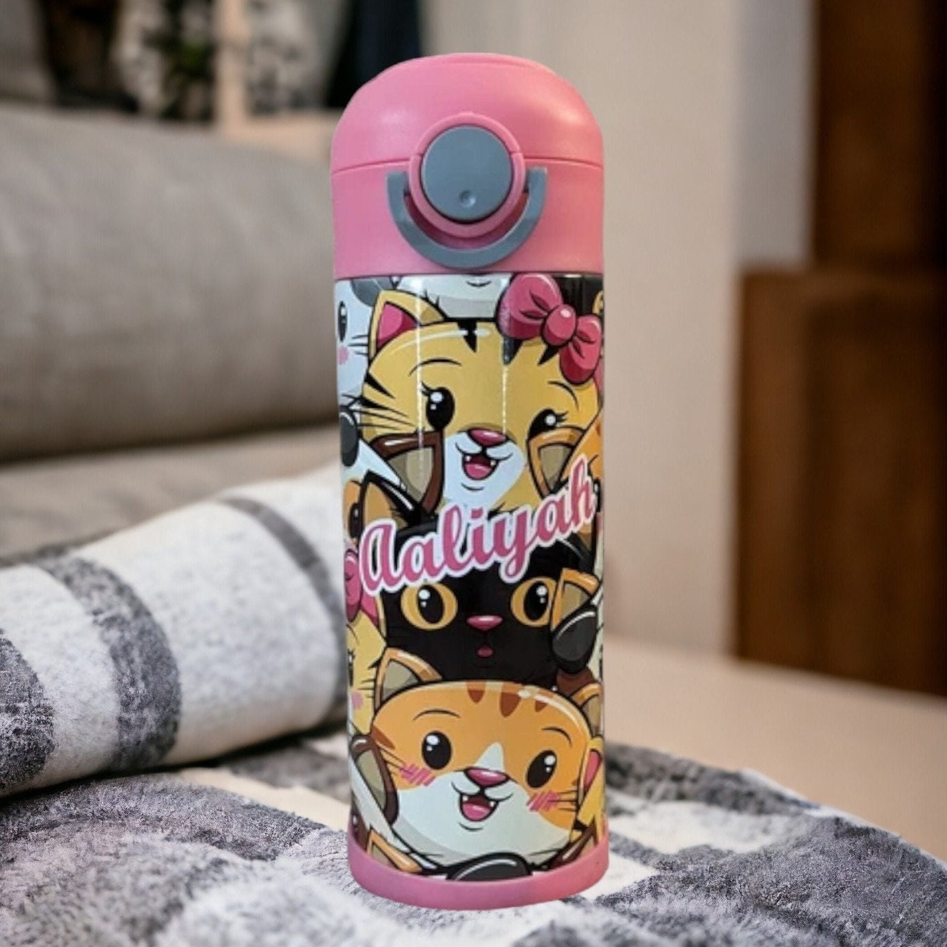 Kids Cat Water Bottle 12oz With Reusable Straw Can Be Personalized
