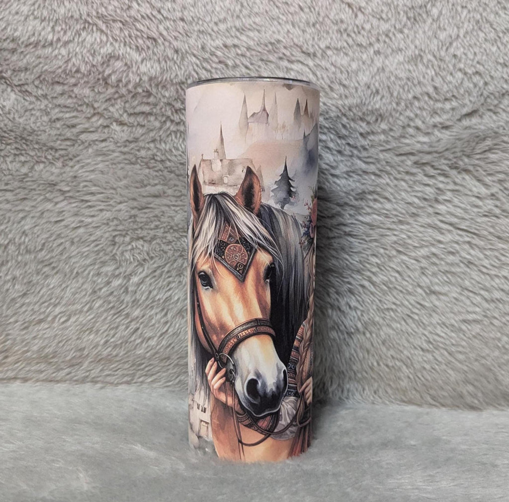 Nordic Girl With Horse Tumbler  20oz With Reusable Straw, Can Be Personalized