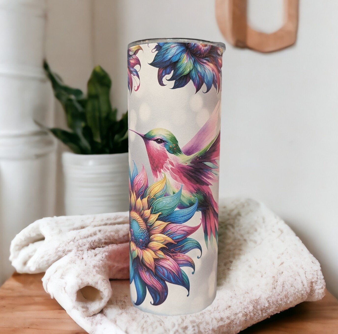 Hummingbird Tumbler with Colorful Sunflowers 20oz With Reusable Straw, Can Be Personalized