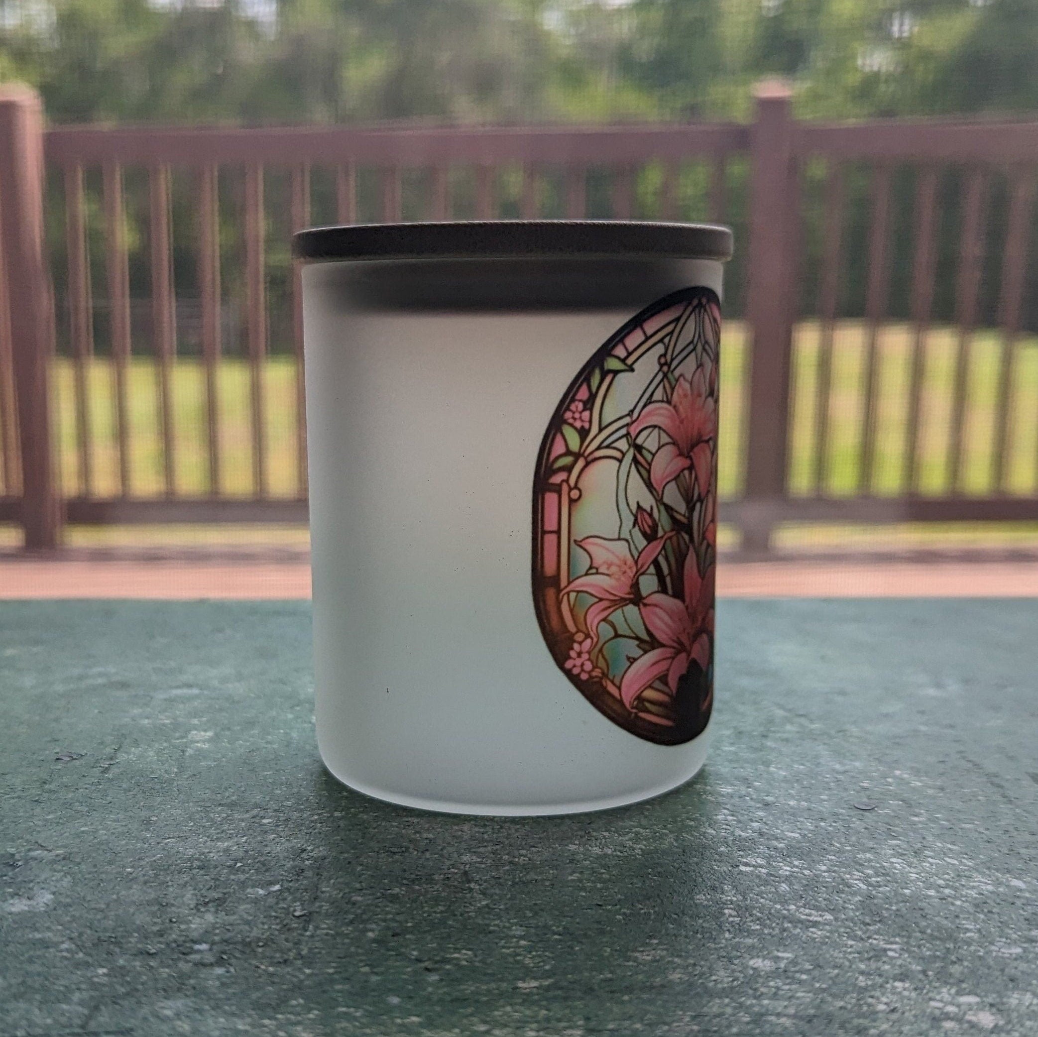 Stained Glass Design Pink Lily Flowers Candle Holder With A Battery Operated Flickering Tea Light