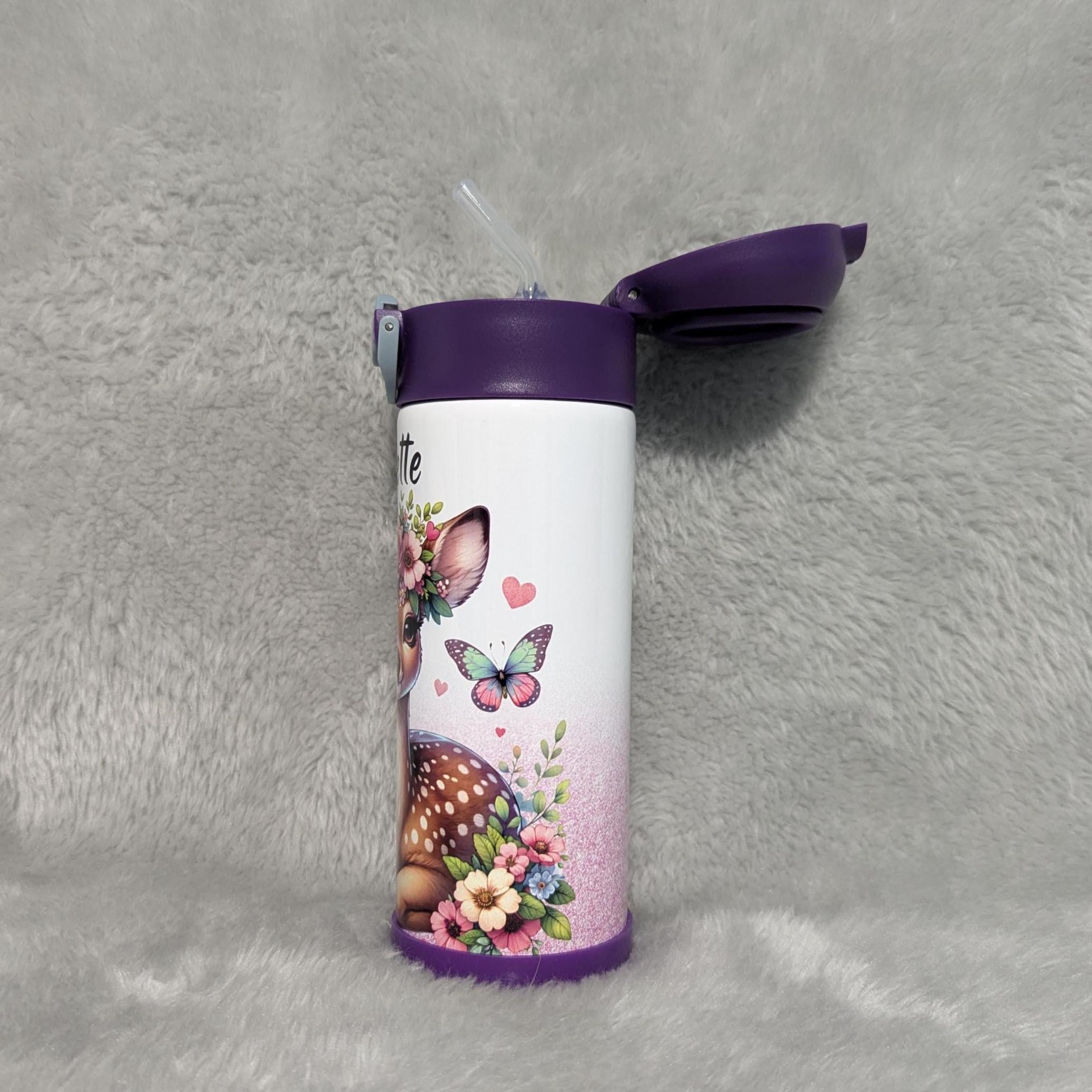 Kids Deer Water Bottle With A Glitter Design 12oz With Reusable Straw, Can Be Personalized