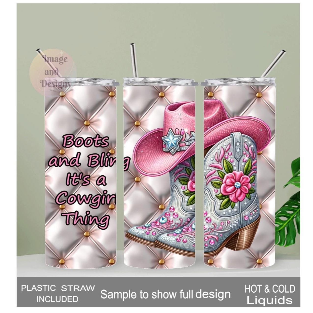 Cowgirl Boots and Bling Tumbler 20oz With Reusable Straw, Can Be Personalized